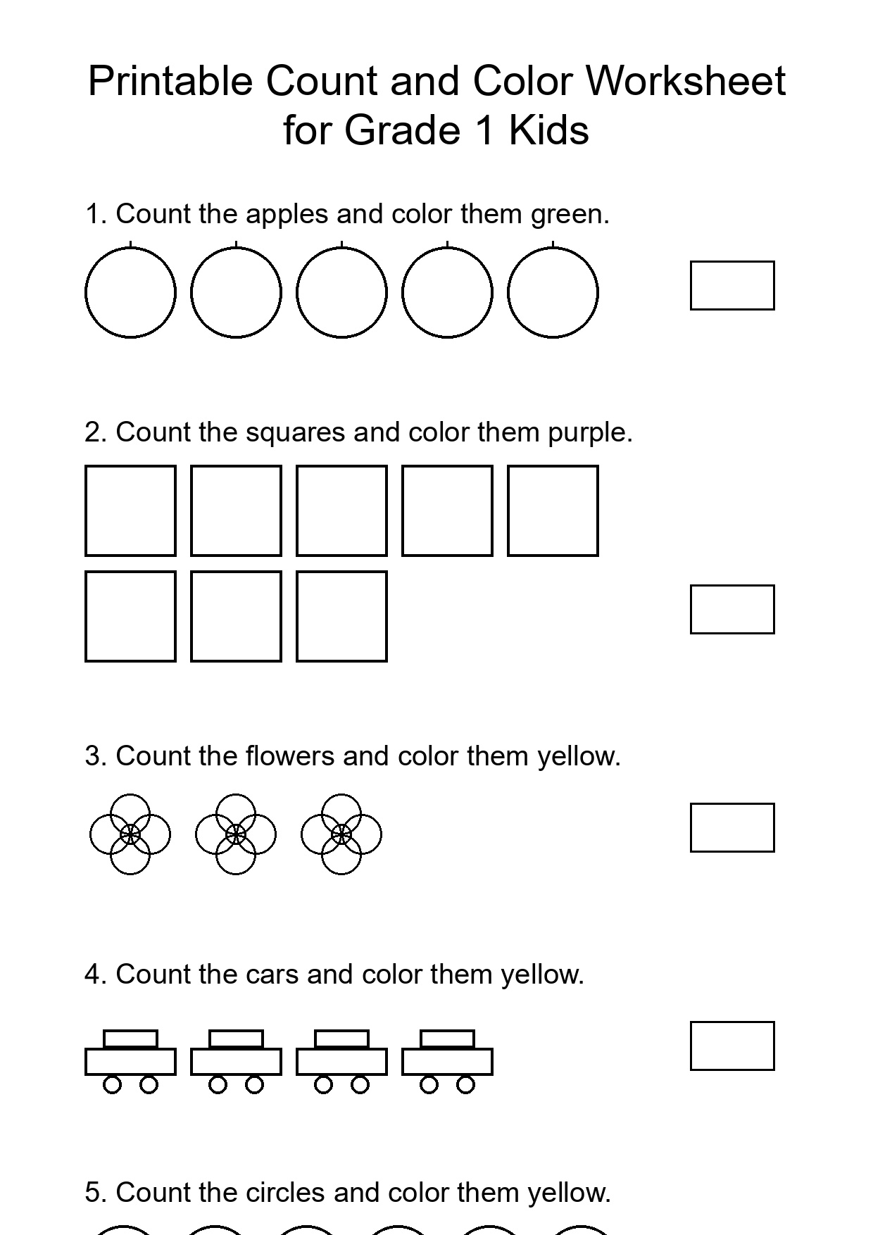 Printable Count and Color Worksheet for Grade 1 Kids