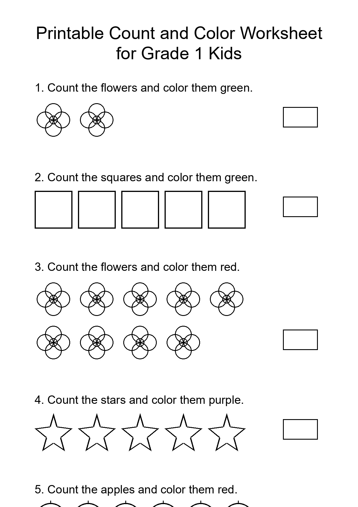 Printable Count and Color Worksheet for Grade 1 Kids