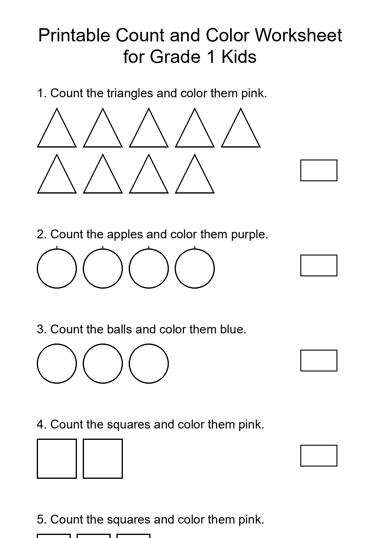 Printable Count and Color Worksheet for Grade 1 Kids