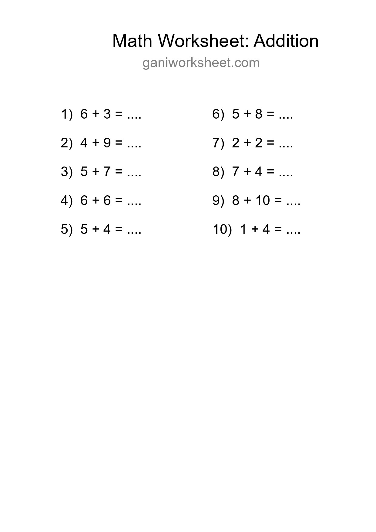 Printable Free 10 Addition Math Worksheet For Grade 1 - Part 1491