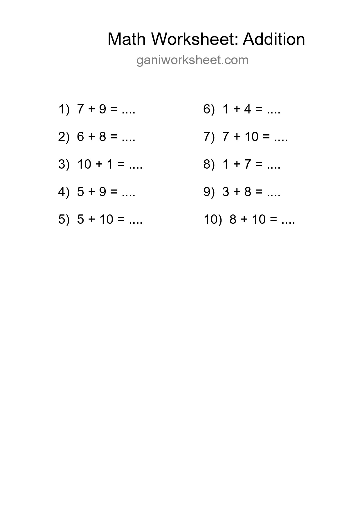 Printable Free 10 Addition Math Worksheet For Grade 1 - Part 1981