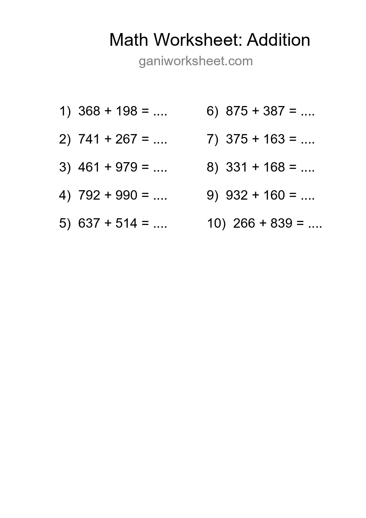 Printable Free 10 Addition Math Worksheet For Grade 5 - Part 1271