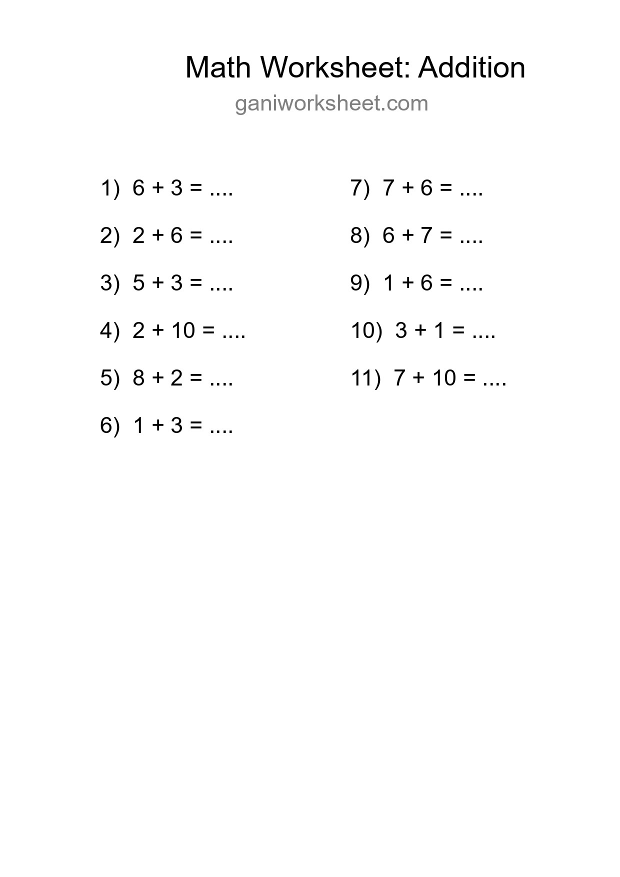 Printable Free 11 Addition Math Worksheet For Grade 1 - Part 1211