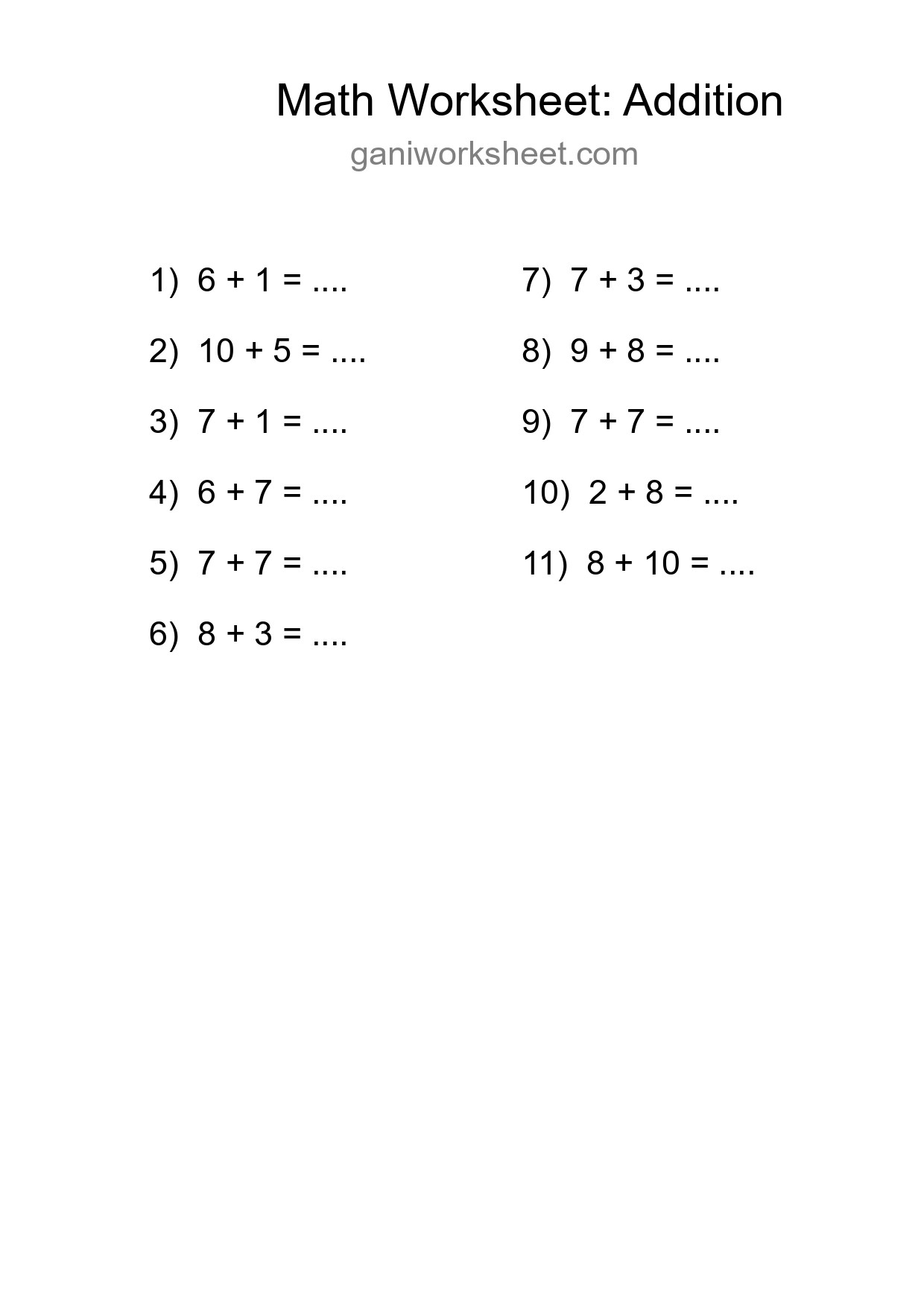 Printable Free 11 Addition Math Worksheet For Grade 1 - Part 381