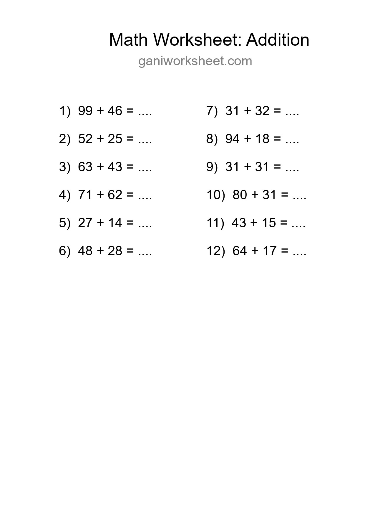 Printable Free 12 Addition Math Worksheet For Grade 3 - Part 1131