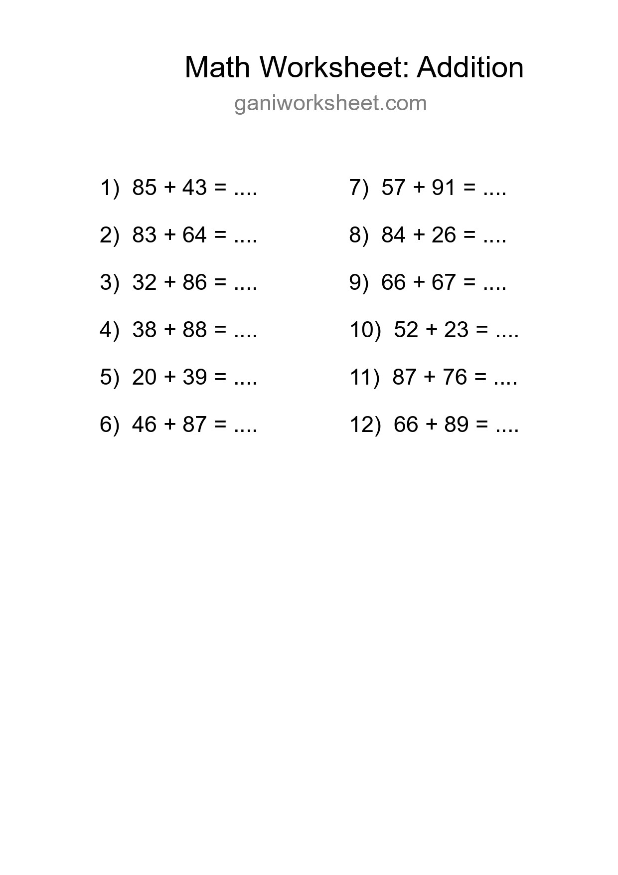 Printable Free 12 Addition Math Worksheet For Grade 3 - Part 281