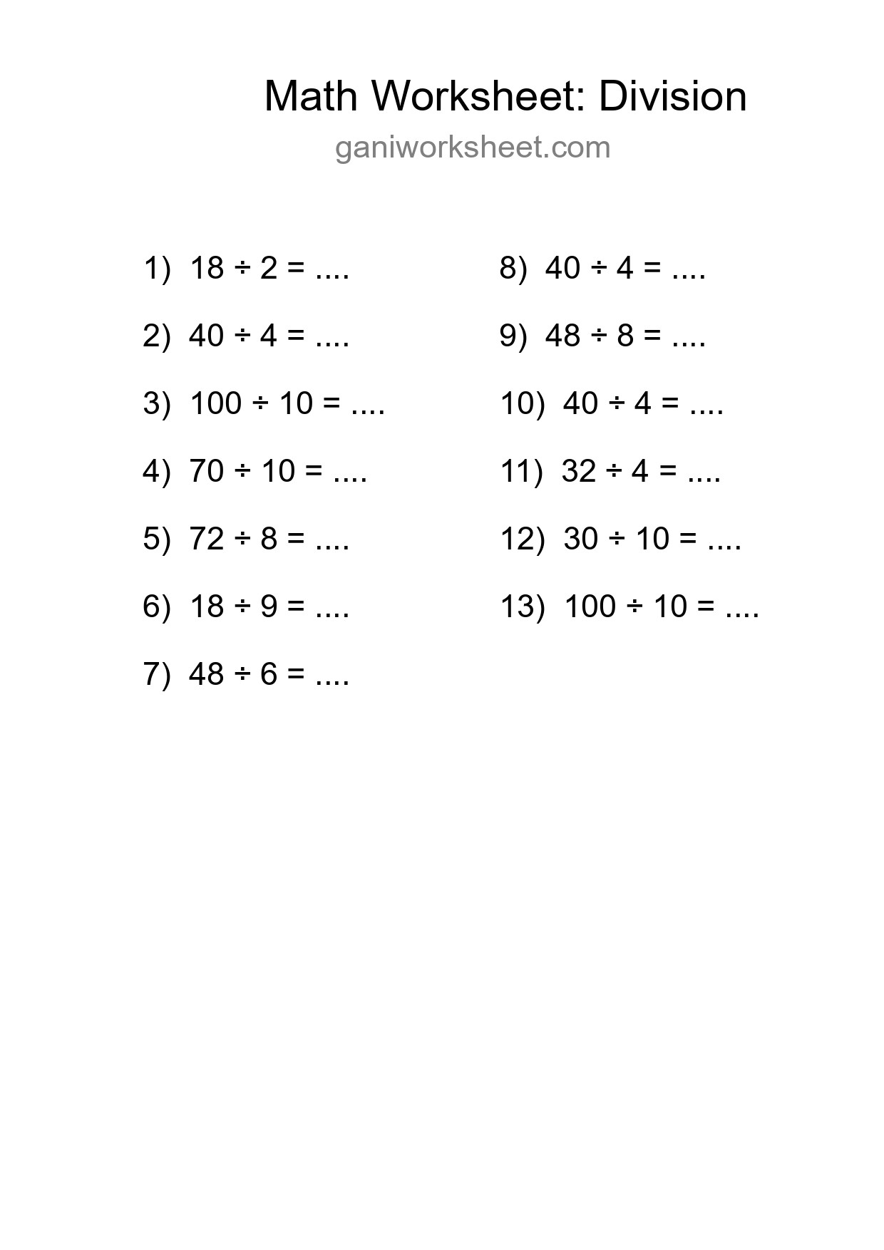 Printable Free 13 Division Math Worksheet For Grade 1 - Part 584