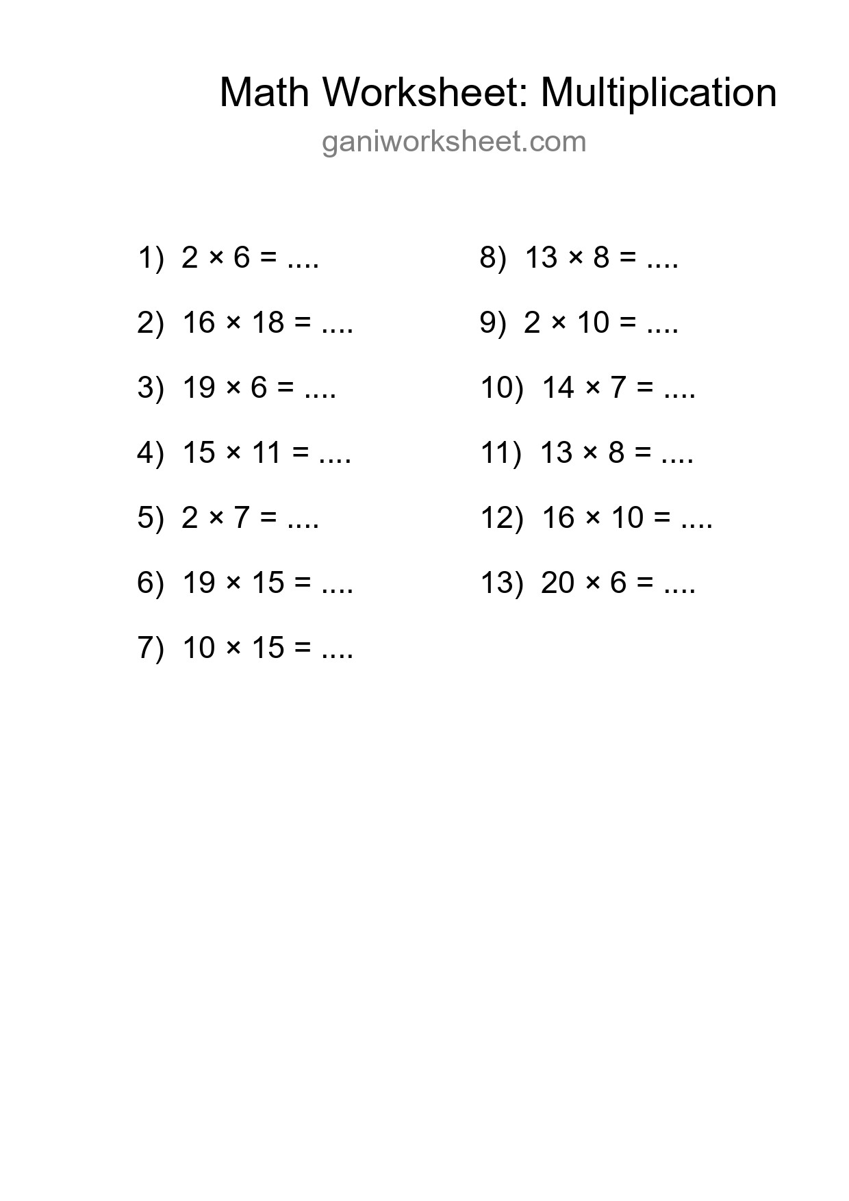 Printable Free 13 Multiplication Math Worksheet For Grade 2 - Part 1947