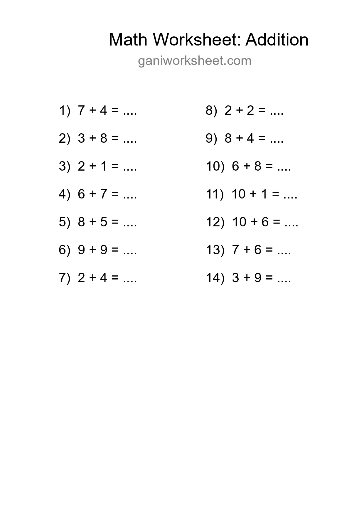 Printable Free 14 Addition Math Worksheet For Grade 1 - Part 1661