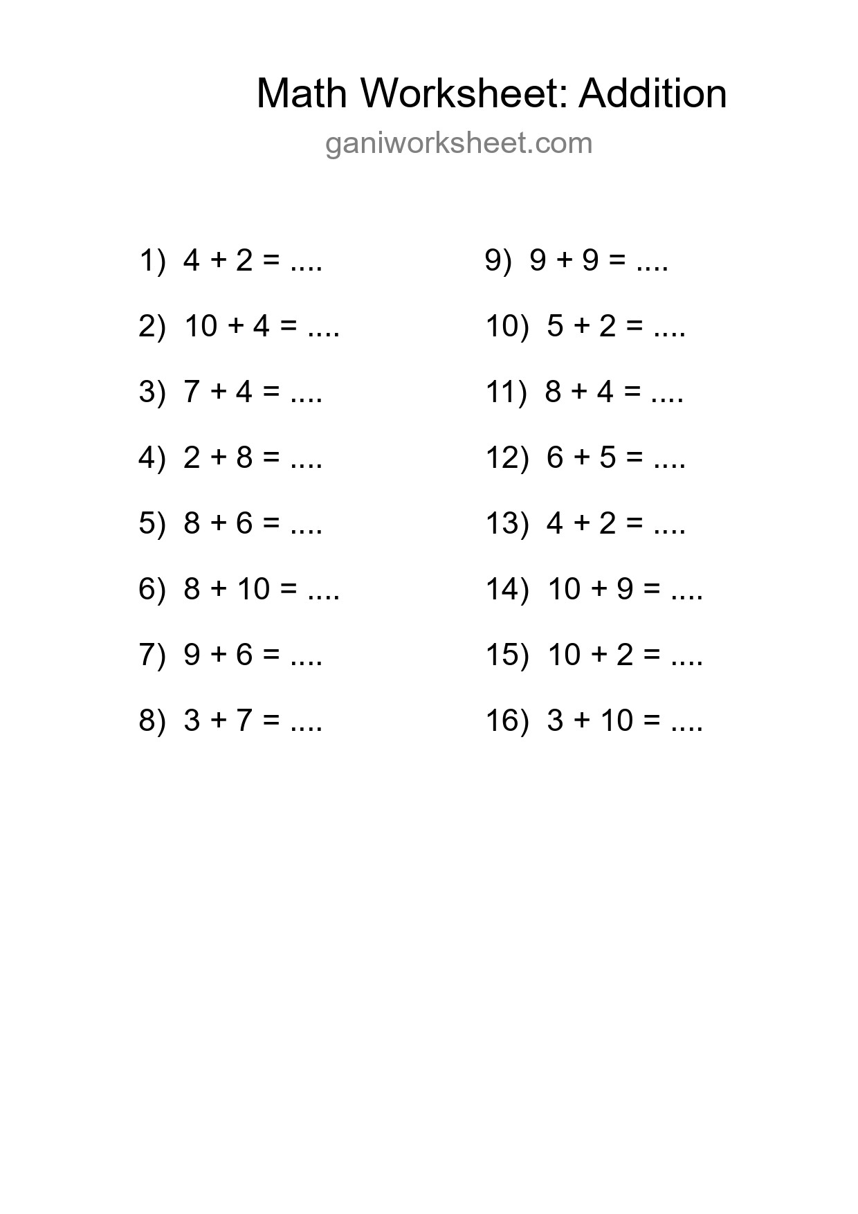 Printable Free 16 Addition Math Worksheet For Grade 1 - Part 1861