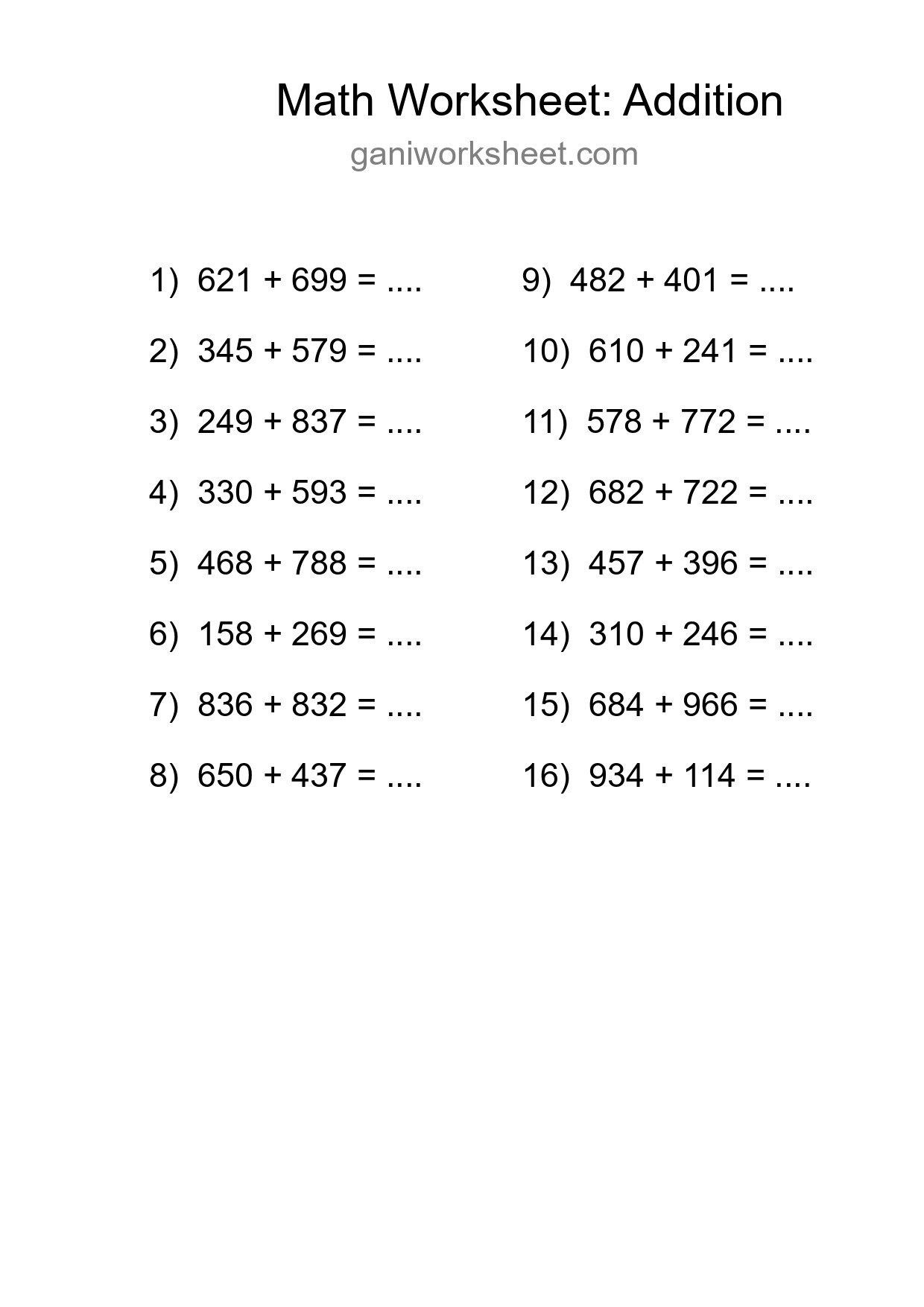 Printable Free 16 Addition Math Worksheet For Grade 5 - Part 551