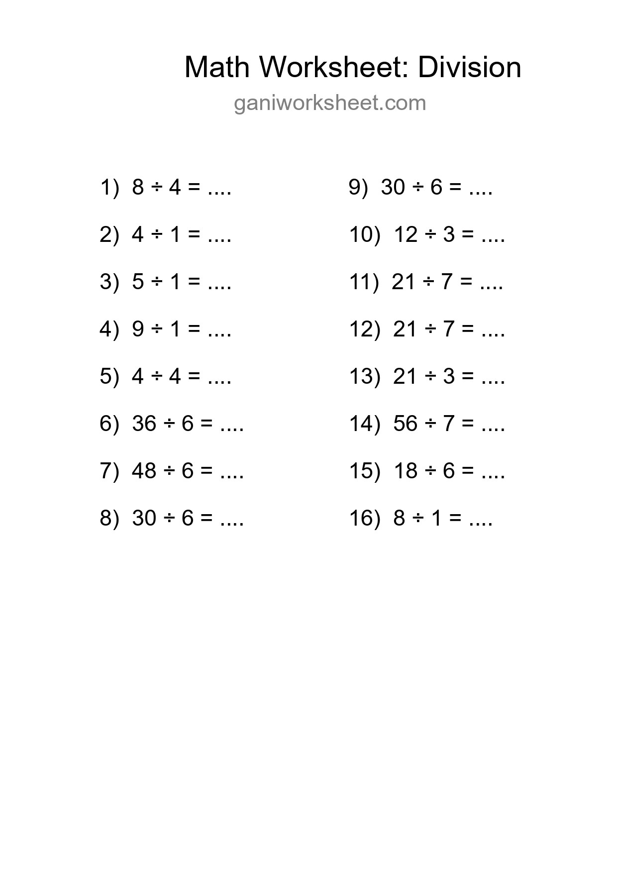Printable Free 16 Division Math Worksheet For Grade 1 - Part 1114