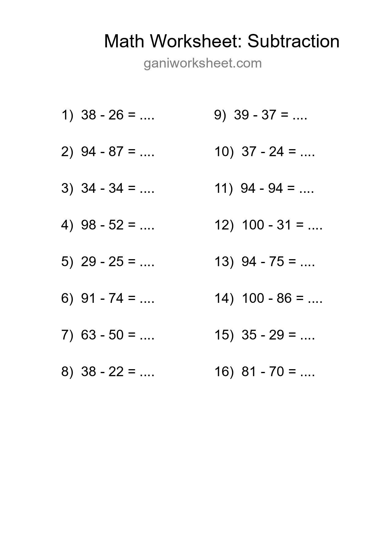 Printable Free 16 Subtraction Math Worksheet For Grade 3 - Part 1778