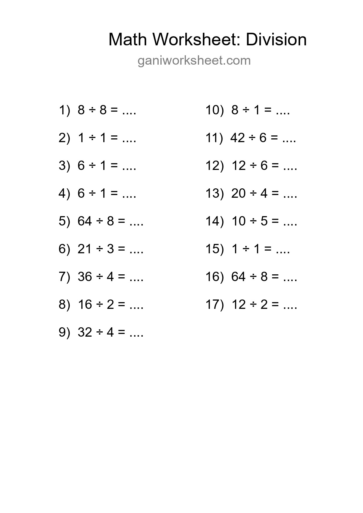Printable Free 17 Division Math Worksheet For Grade 1 - Part 1104