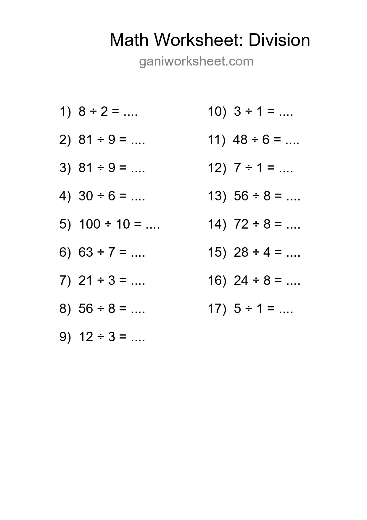 Printable Free 17 Division Math Worksheet For Grade 1 - Part 1514