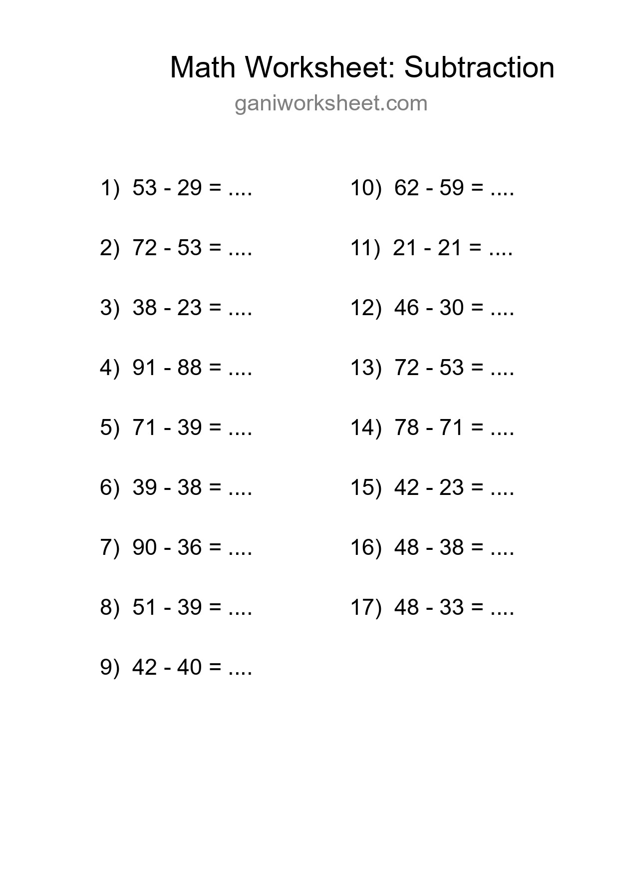 Printable Free 17 Subtraction Math Worksheet For Grade 3 - Part 1098