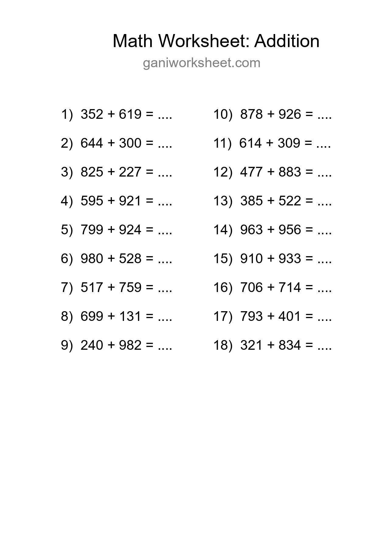 Printable Free 18 Addition Math Worksheet For Grade 5 - Part 1081