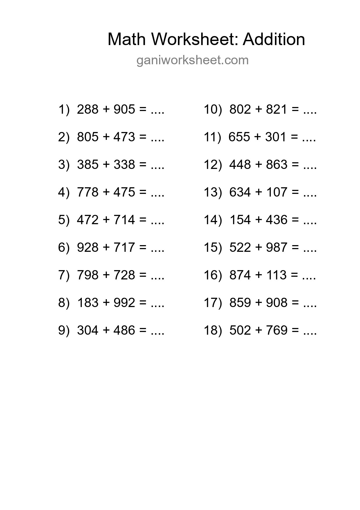 Printable Free 18 Addition Math Worksheet For Grade 5 - Part 1641