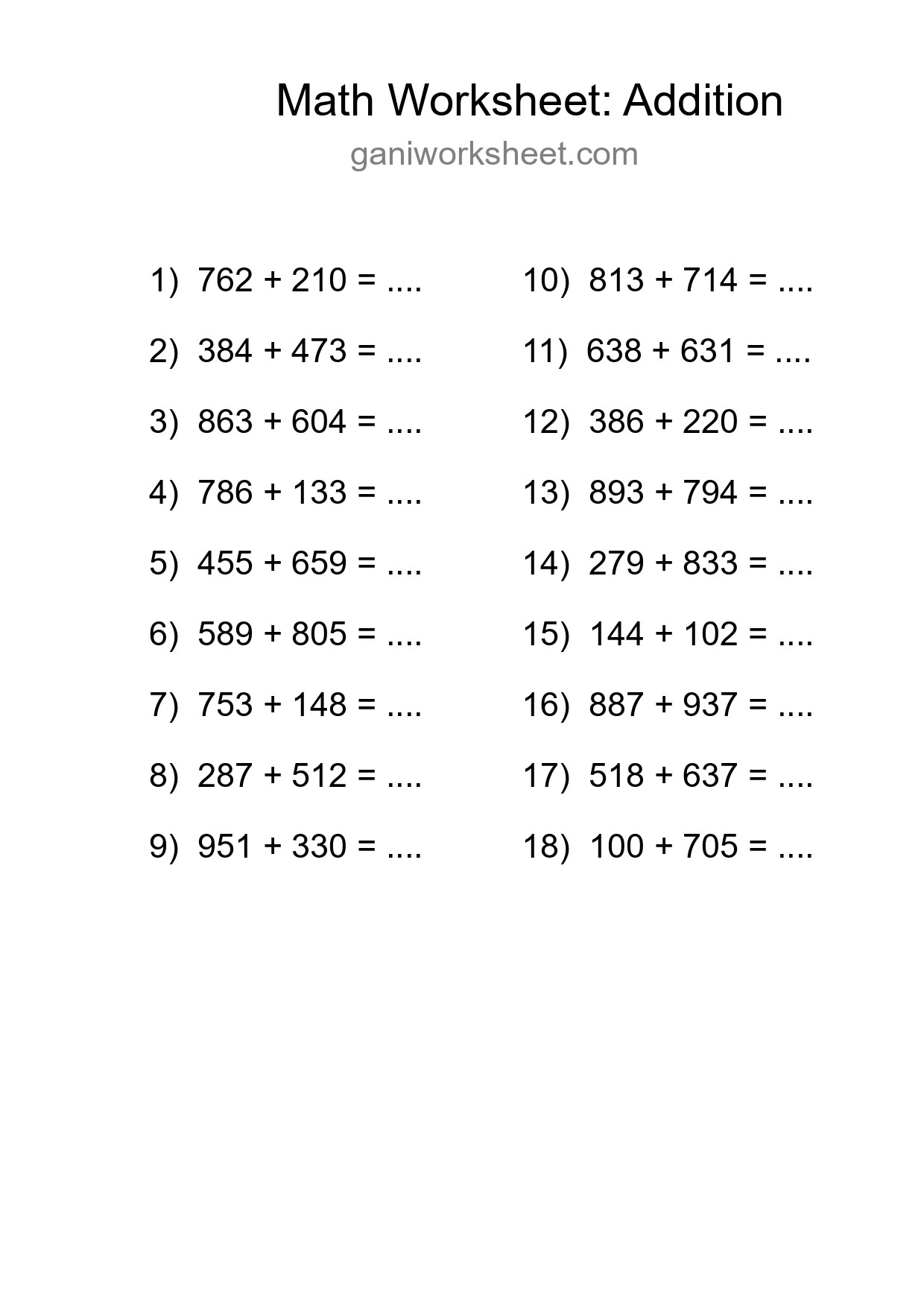 Printable Free 18 Addition Math Worksheet For Grade 5 - Part 261