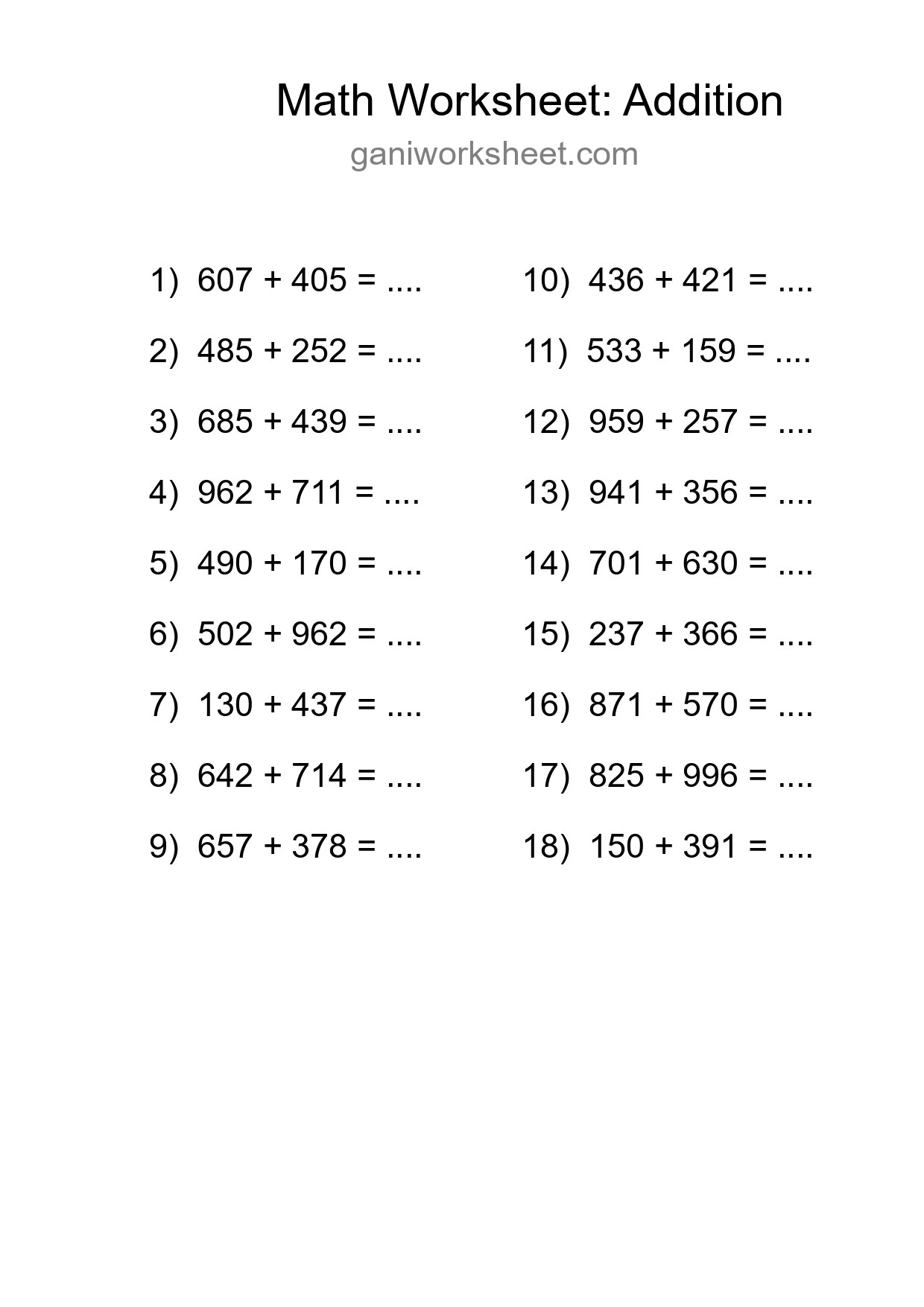 Printable Free 18 Addition Math Worksheet For Grade 5 - Part 841