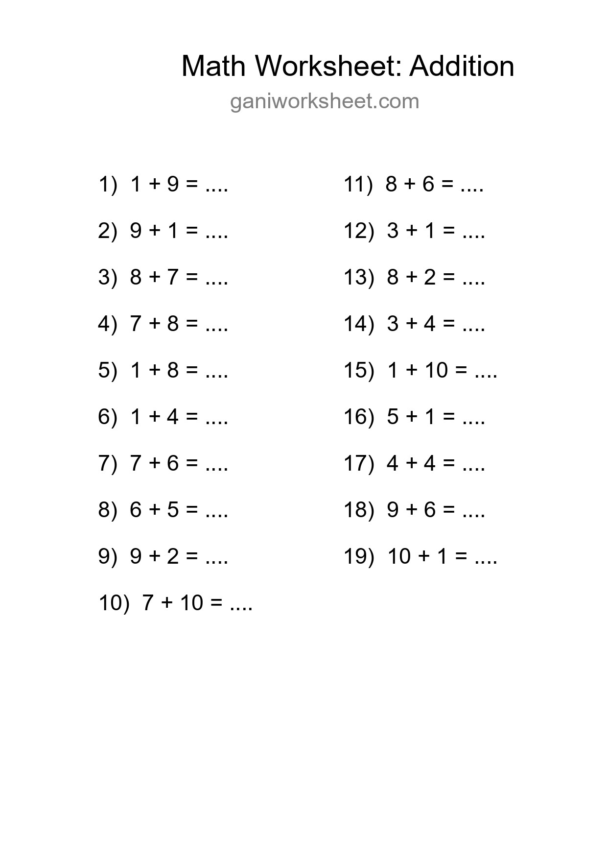 Printable Free 19 Addition Math Worksheet For Grade 1 - Part 1791