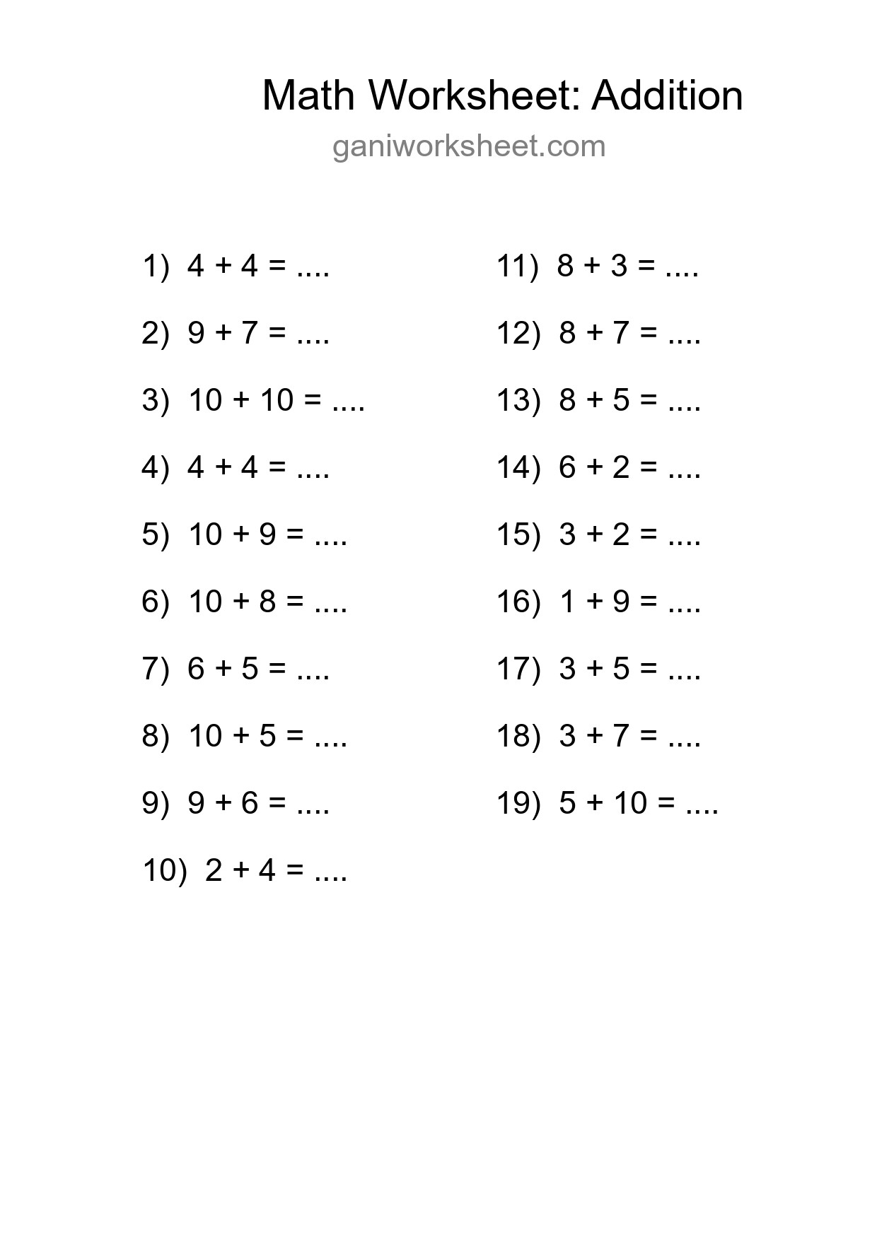 Printable Free 19 Addition Math Worksheet For Grade 1 - Part 681