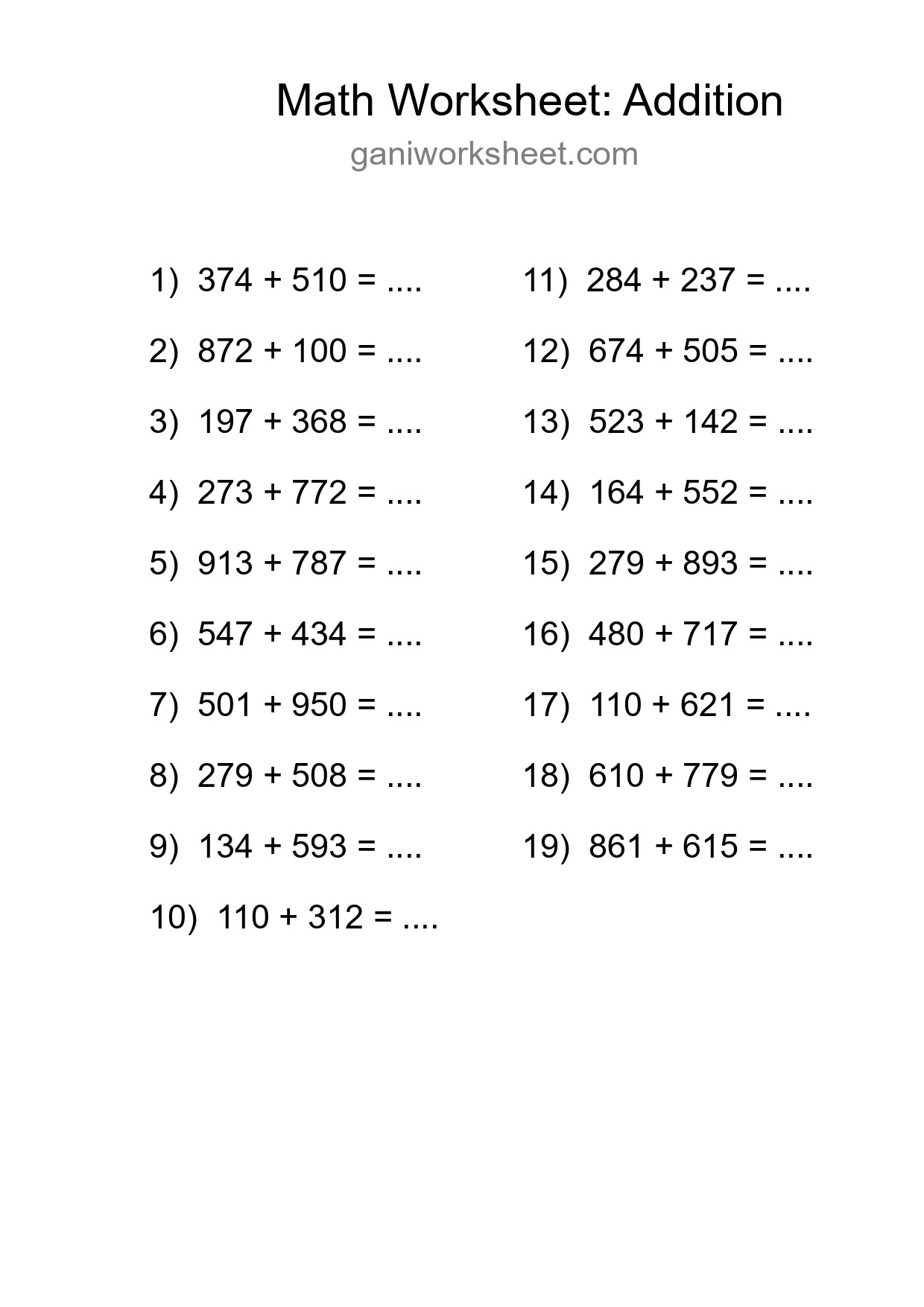 Printable Free 19 Addition Math Worksheet For Grade 5 - Part 1011