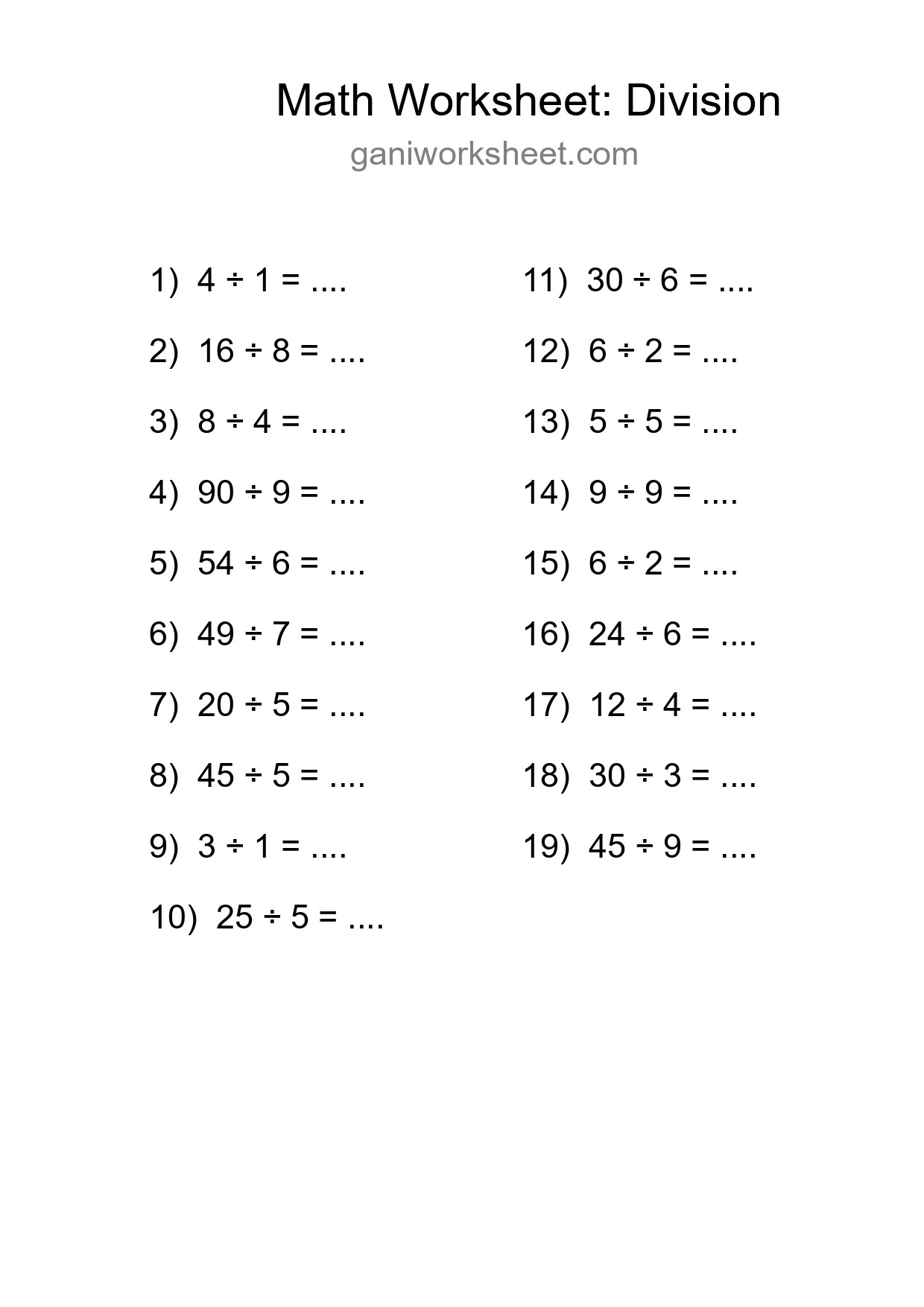 Printable Free 19 Division Math Worksheet For Grade 1 - Part 494