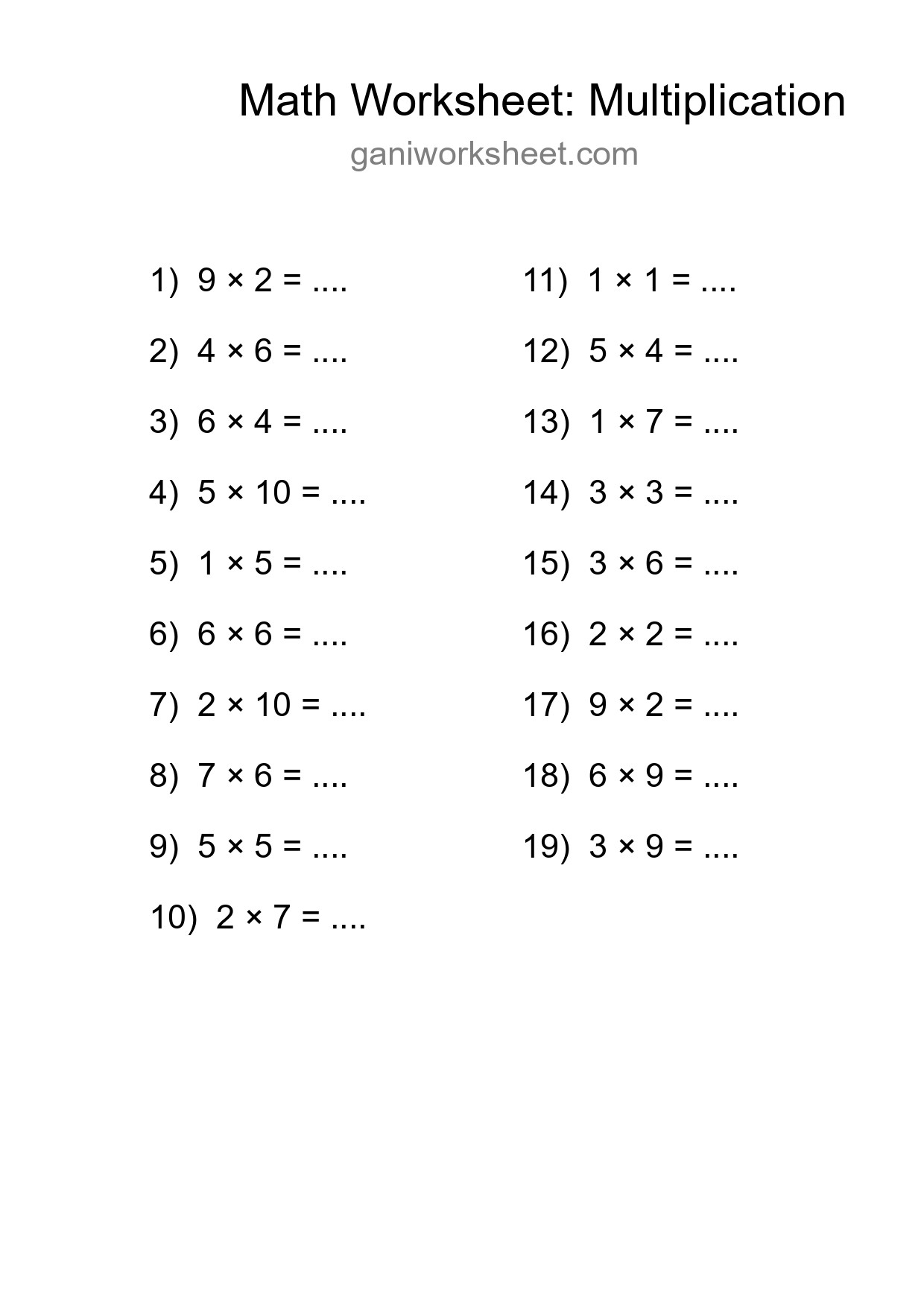 Printable Free 19 Multiplication Math Worksheet For Grade 1 - Part 1817