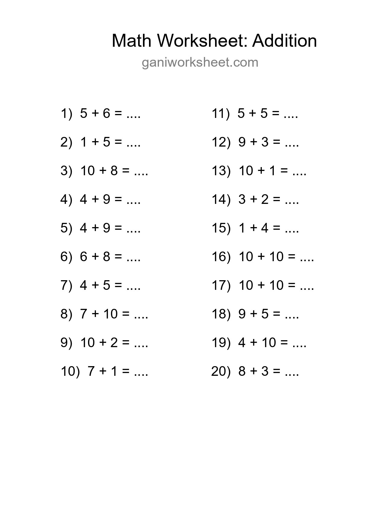 Printable Free 20 Addition Math Worksheet For Grade 1 - Part 1751