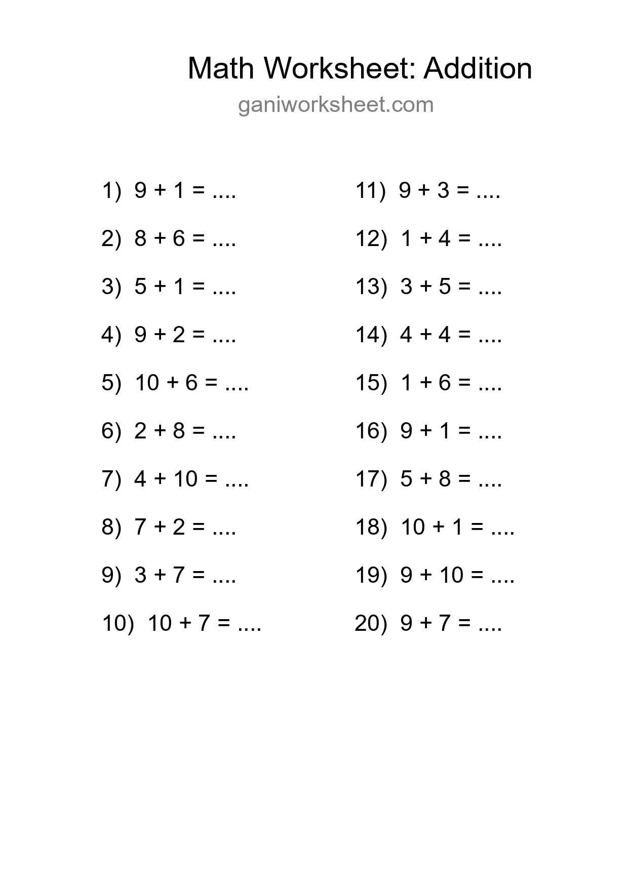 Printable Free 20 Addition Math Worksheet For Grade 1 - Part 61