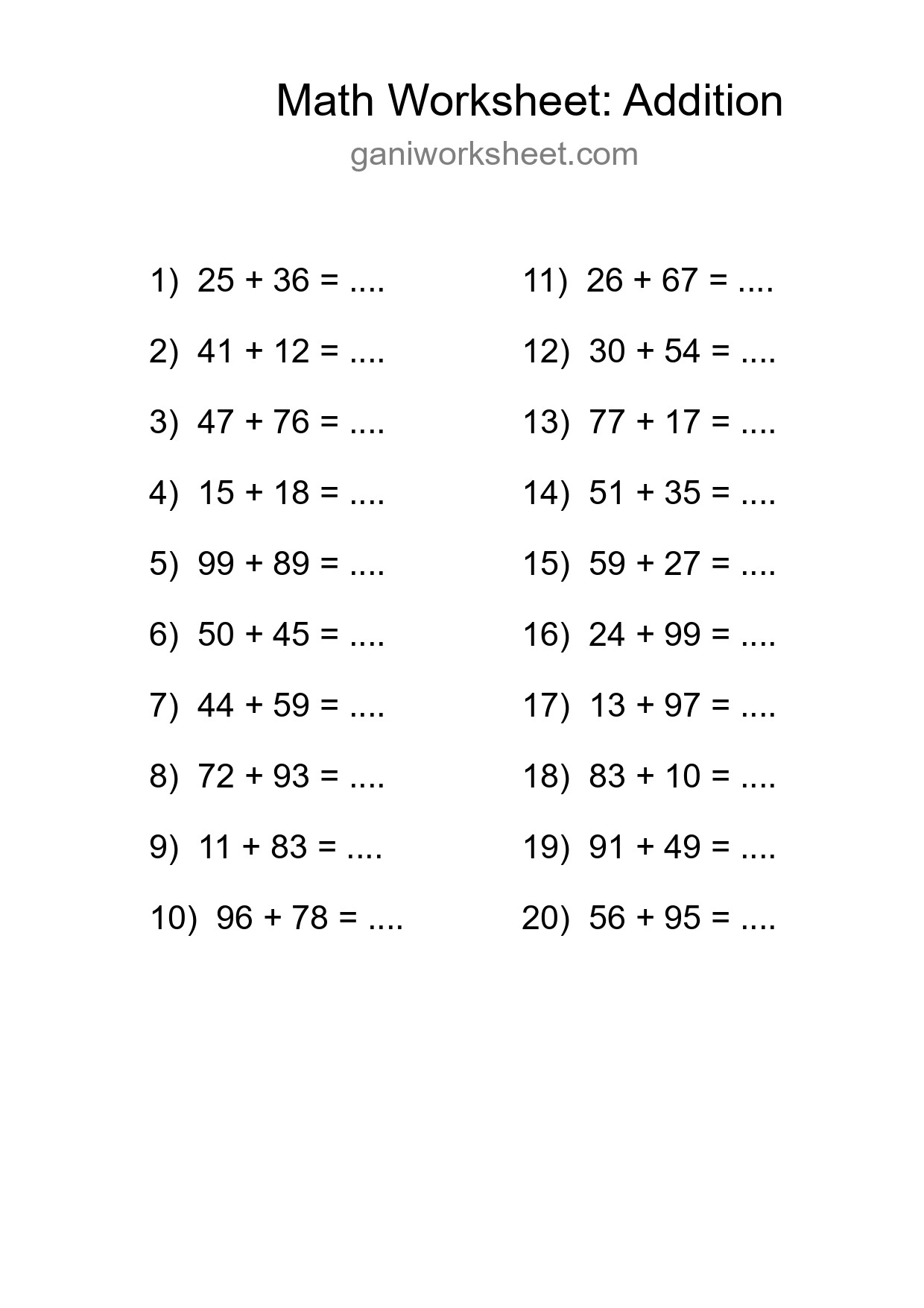 Printable Free 20 Addition Math Worksheet For Grade 3 - Part 291