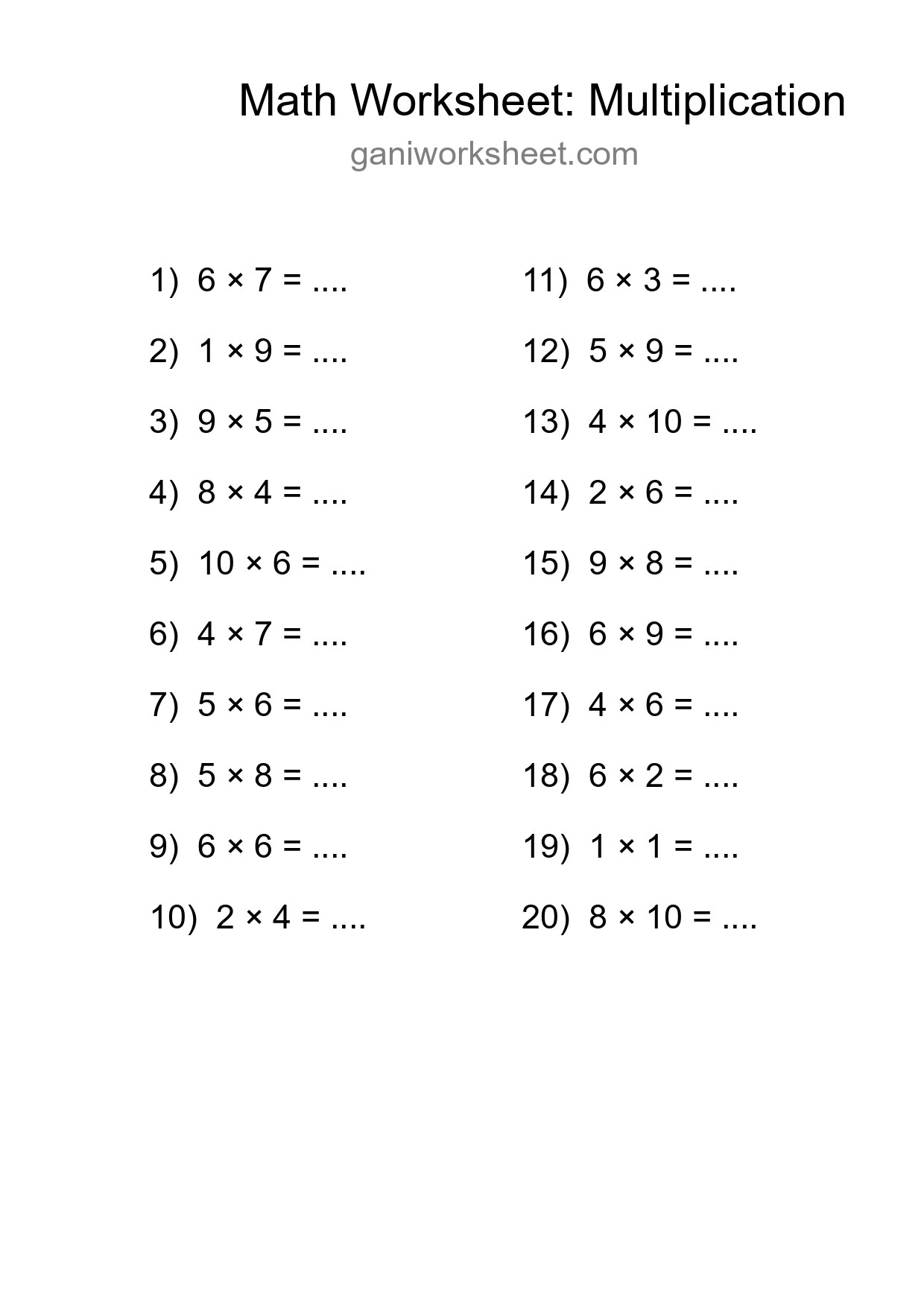 Printable Free 20 Multiplication Math Worksheet For Grade 1 - Part 327
