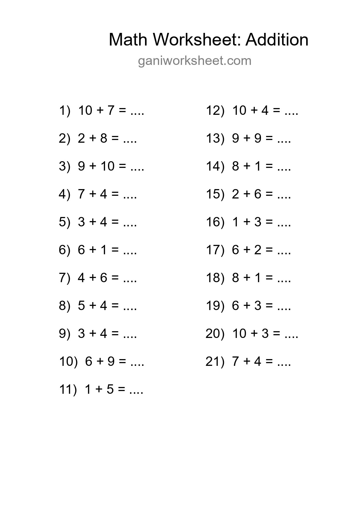 Printable Free 21 Addition Math Worksheet For Grade 1 - Part 851