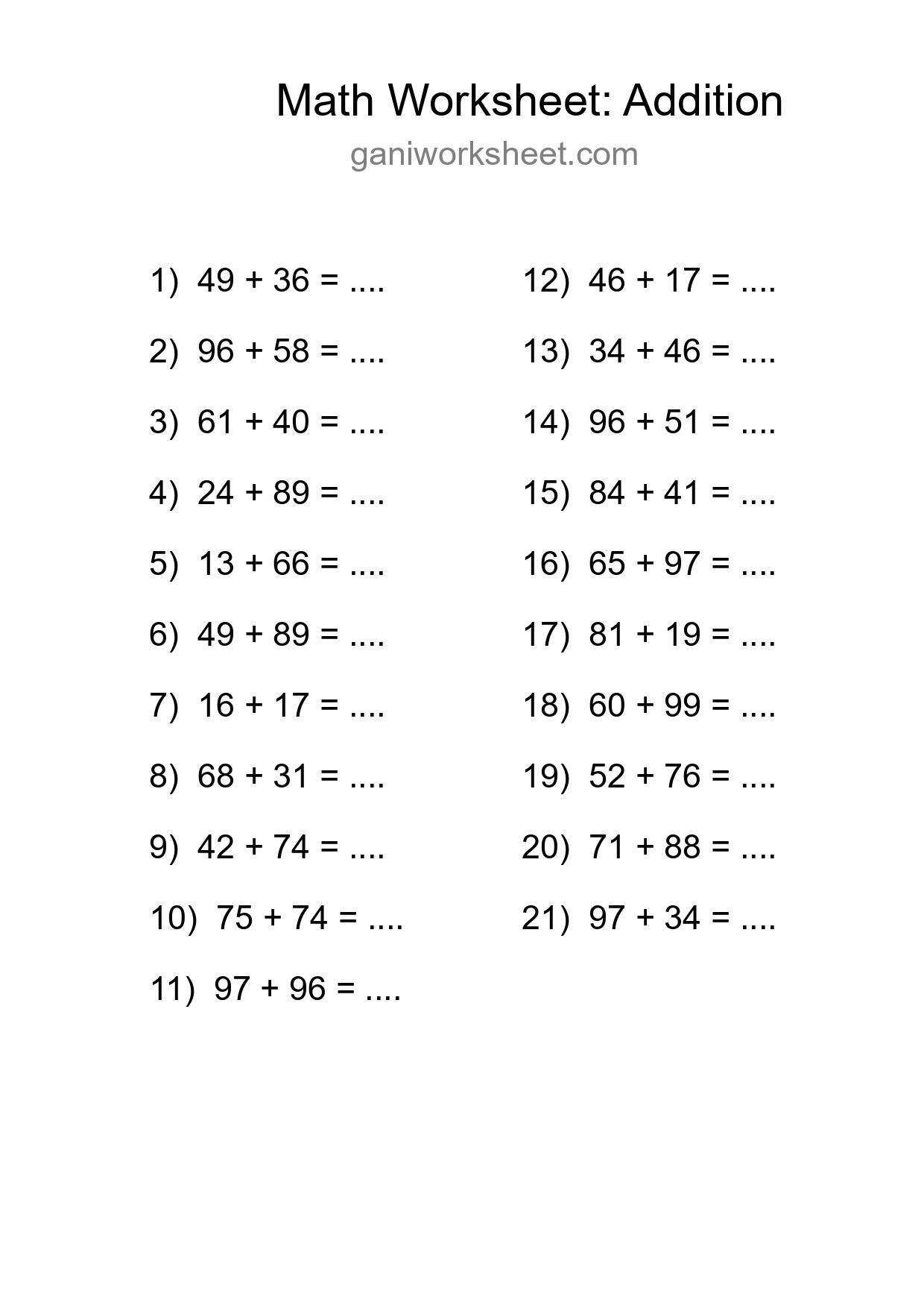 Printable Free 21 Addition Math Worksheet For Grade 3 - Part 1301