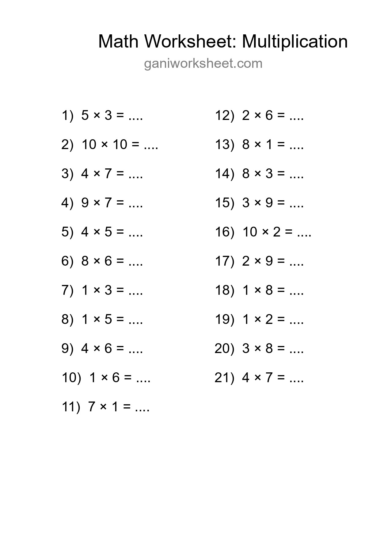 Printable Free 21 Multiplication Math Worksheet For Grade 1 - Part 1107