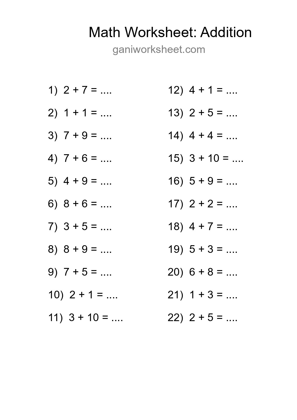 Printable Free 22 Addition Math Worksheet For Grade 1 - Part 831