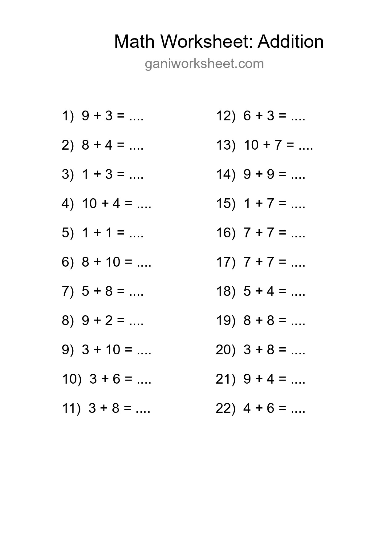 Printable Free 22 Addition Math Worksheet For Grade 1 - Part 91