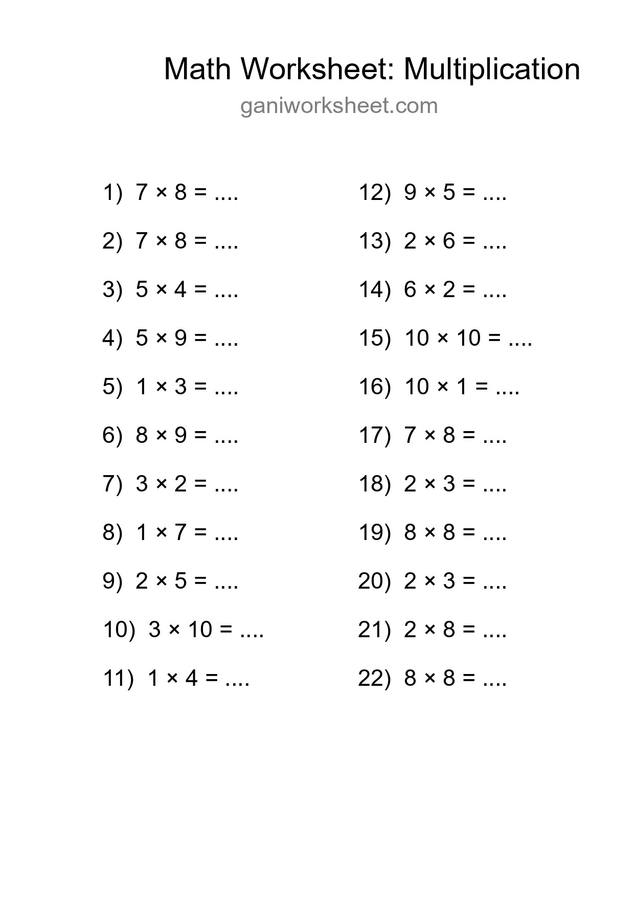 Printable Free 22 Multiplication Math Worksheet For Grade 1 - Part 1027