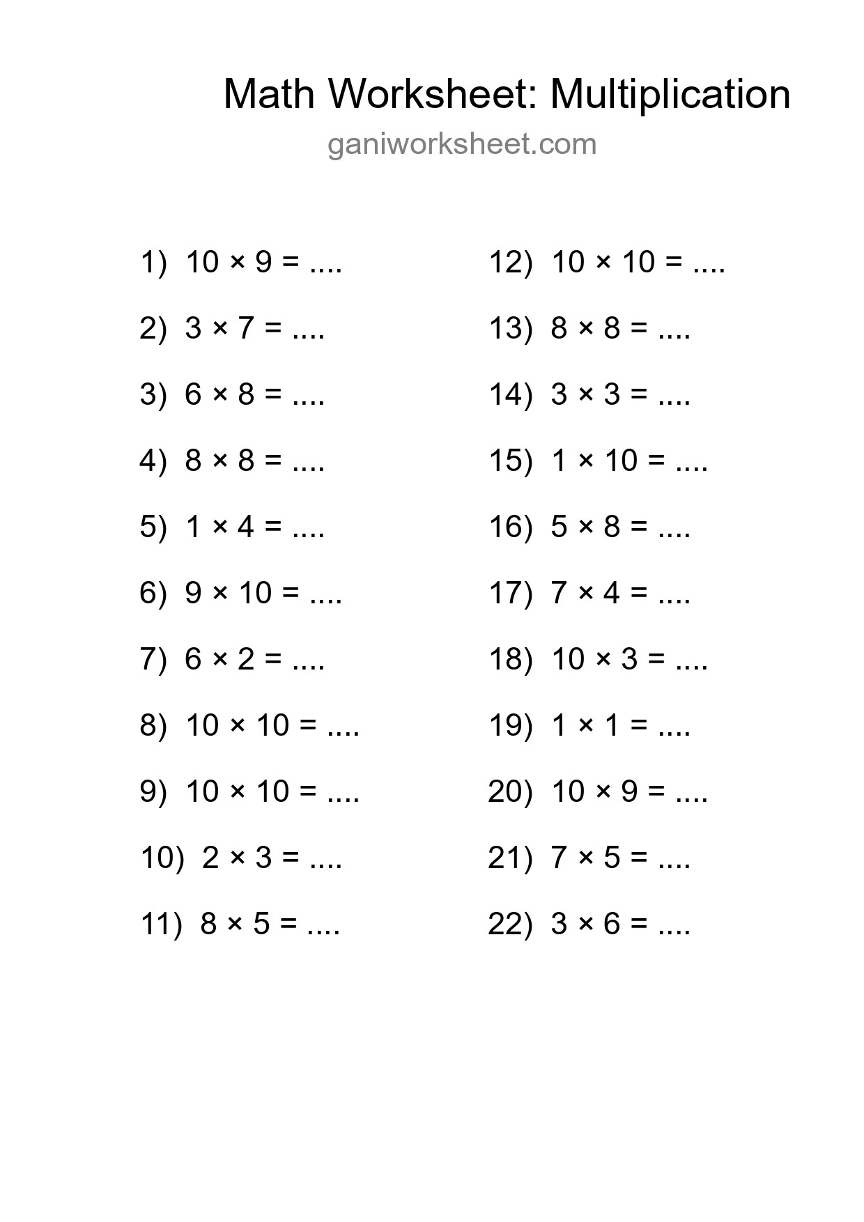 Printable Free 22 Multiplication Math Worksheet For Grade 1 - Part 1797