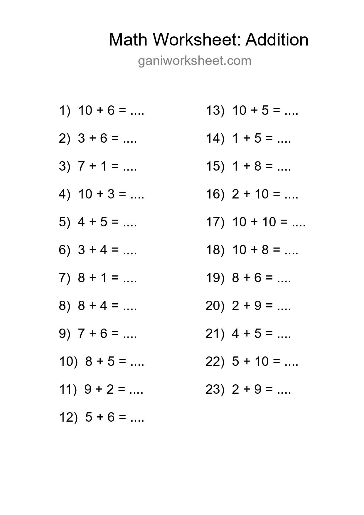 Printable Free 23 Addition Math Worksheet For Grade 1 - Part 1001