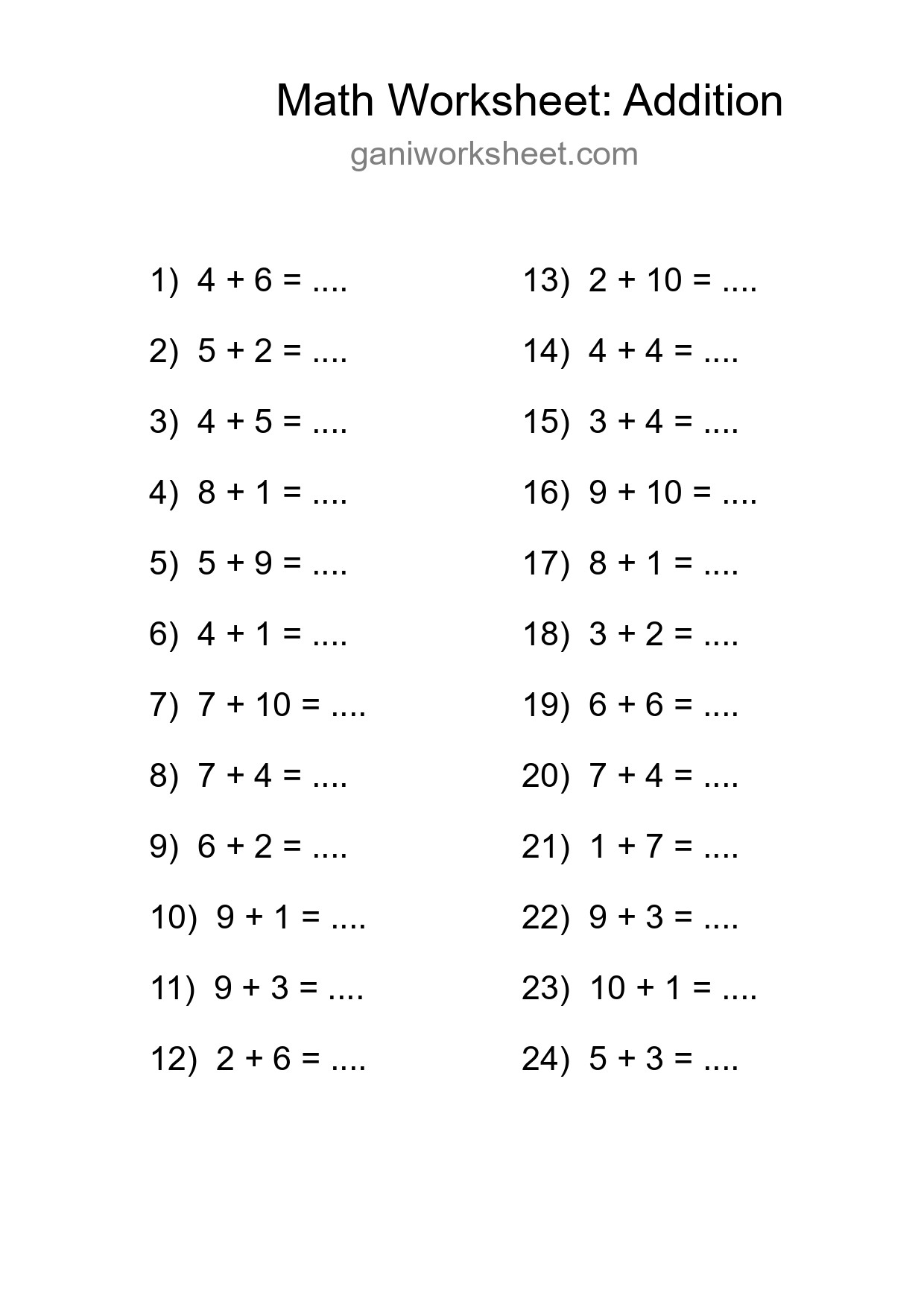 Printable Free 24 Addition Math Worksheet For Grade 1 - Part 1691
