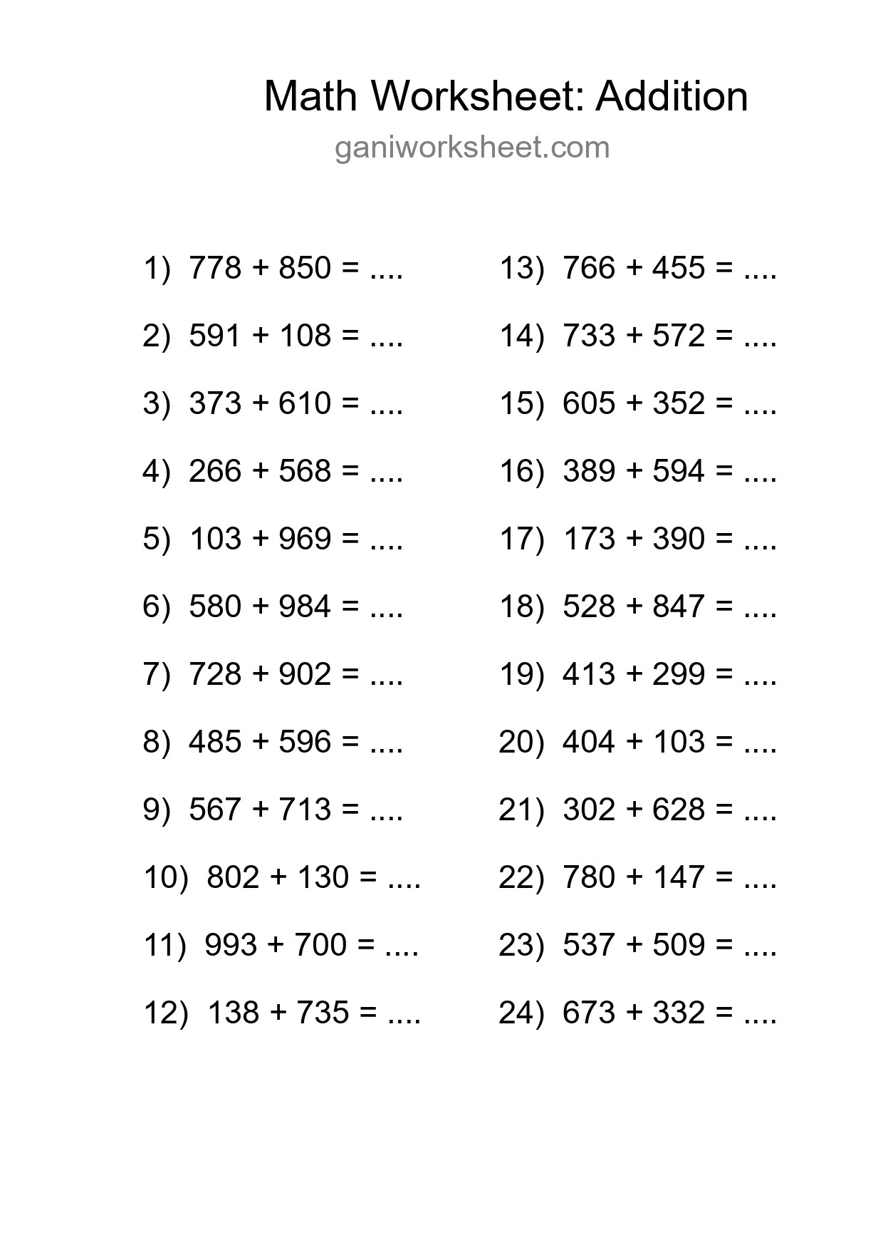 Printable Free 24 Addition Math Worksheet For Grade 5 - Part 1151