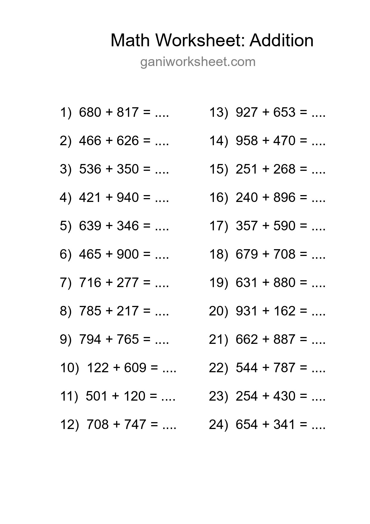 Printable Free 24 Addition Math Worksheet For Grade 5 - Part 1831