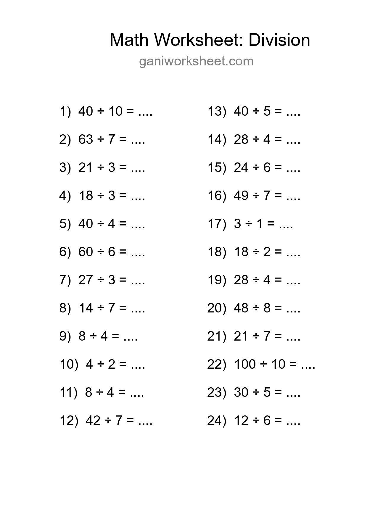 Printable Free 24 Division Math Worksheet For Grade 1 - Part 464