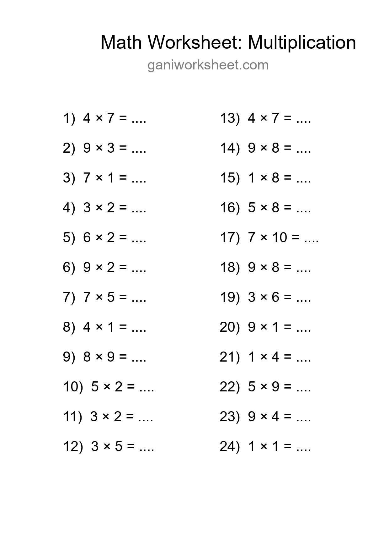 Printable Free 24 Multiplication Math Worksheet For Grade 1 - Part 707