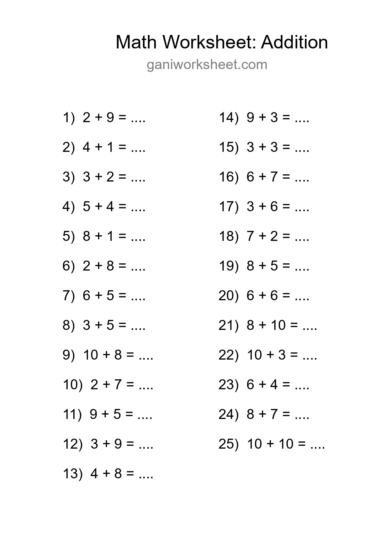 Printable Free 25 Addition Math Worksheet For Grade 1 - Part 451