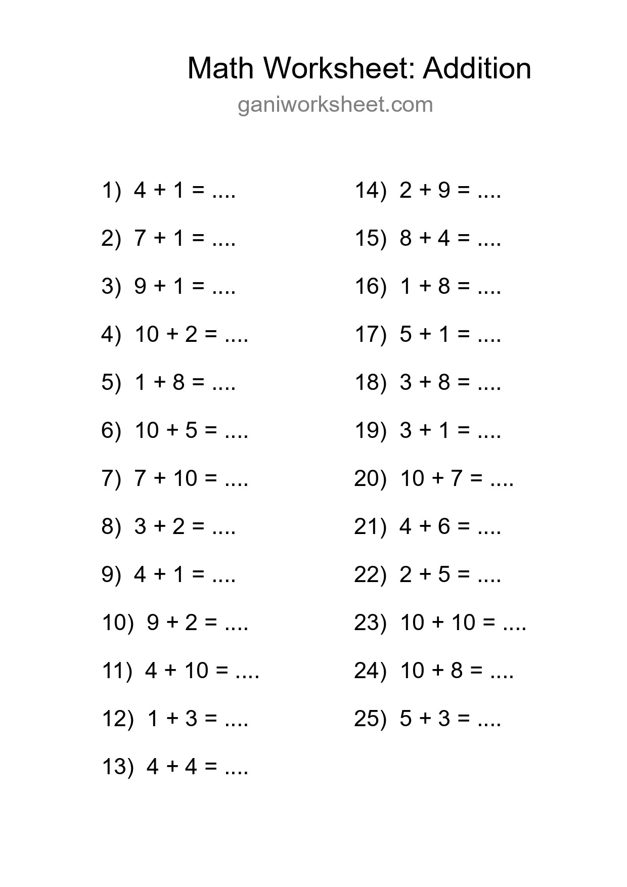 Printable Free 25 Addition Math Worksheet For Grade 1 - Part 691