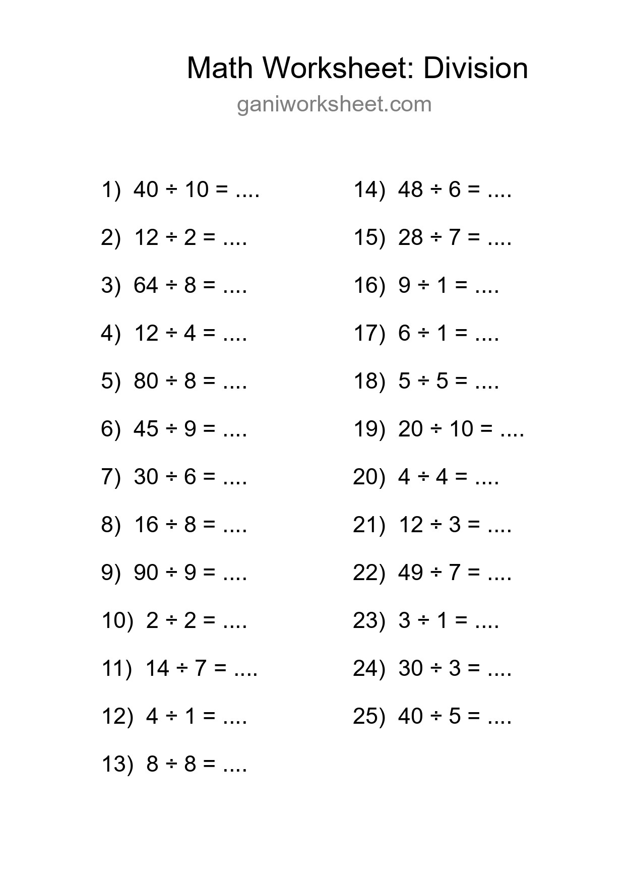Printable Free 25 Division Math Worksheet For Grade 1 - Part 1094