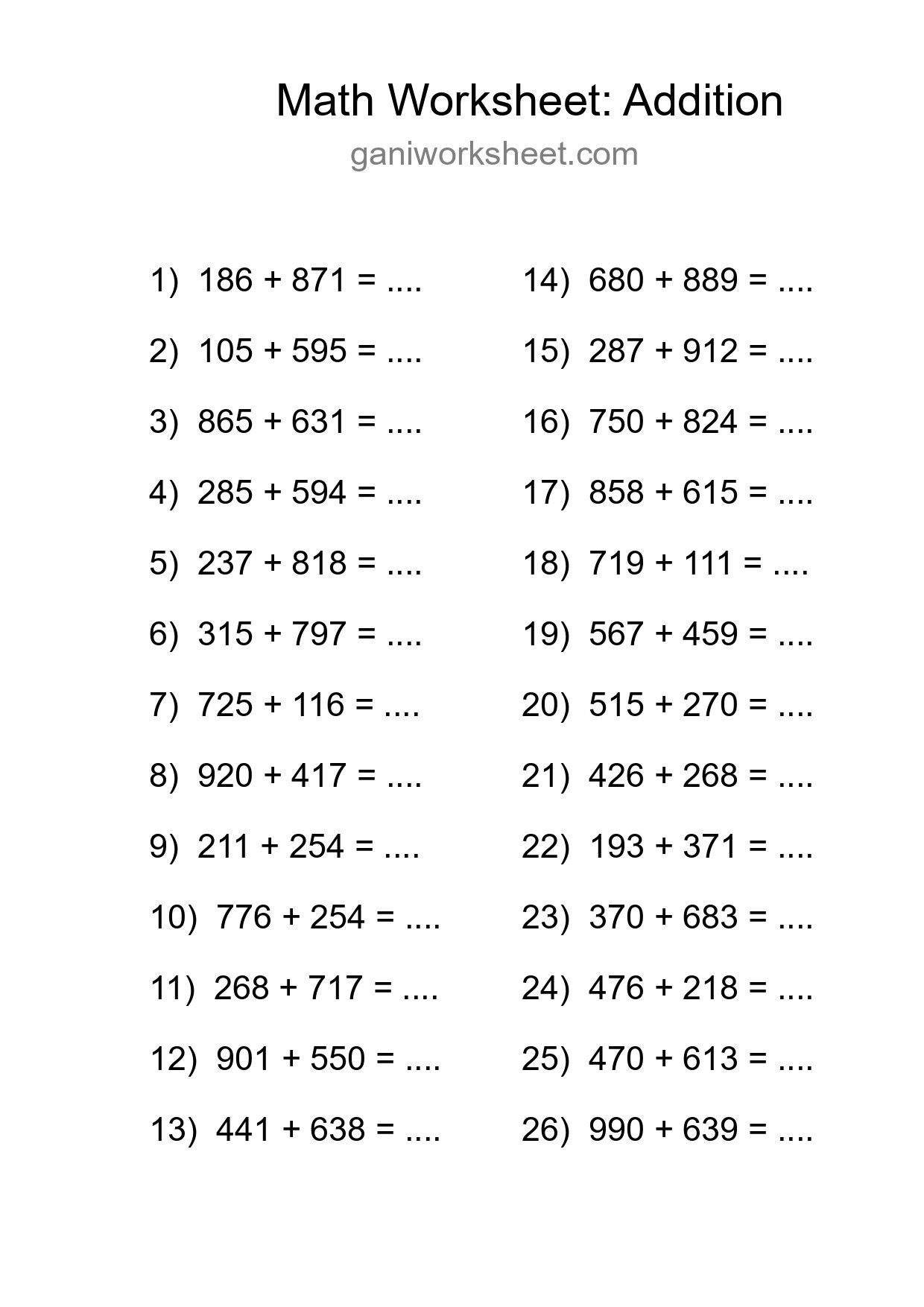 Printable Free 26 Addition Math Worksheet For Grade 5 - Part 741